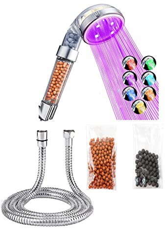 Soffione doccia a LED con 7 colori cangianti, filtrazione ionica, 1,5 m, soffione extra per doccia con perline in pietra bio-attiva, sfera minerale