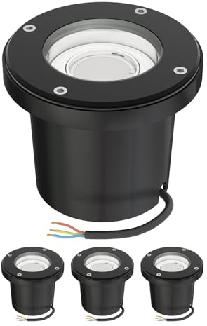 ledscom.de 4 Stück Bodeneinbauleuchte BOFU für außen, IP67, schwenkbar, schwarz, rund, 150mm Ø inkl. GU10 LED, 3-Stufen max. 500lm warmweiß