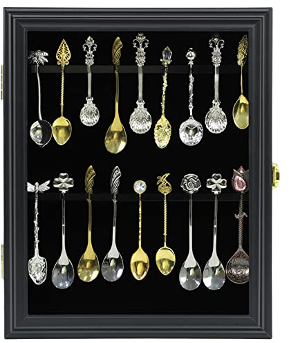 COMSREV 18 Souvenir Tea Spoon Display Case Wall Mount Lockable UV Protection Acrylic Door Wood Display Rack Stand for Spoon Collection