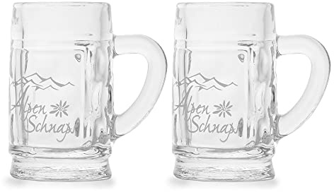 Albellion 2 Stück Alpenschnaps 2cl Mini-Krug Schnaps-Glas Schnaps-Gläser mit Henkel und Logo, transparent