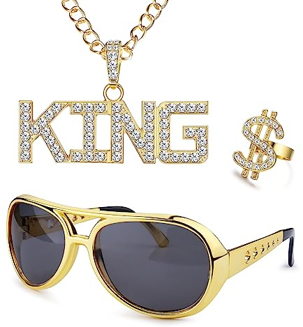 YADOCA Gold Chain Men Hip Hop Costume kit, 80s/90s Hip Hop Fancy Dress Accessories for Kids Adult, Fake Dollar Sign Necklace, Hip Hop Ring, Hippie Glasses for Hippie Rapper Disco Outfit 4