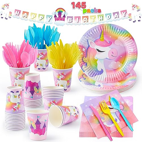 JOYIN 145 Pcs Unicorn Birthday Party Supplies with Unicorn Banner for Girls, 24 Serves Unicorn Disposable Tableware Set with Plates , Cups, Napkins, and Cutlery Sets for Unicorn Themes Party Kids