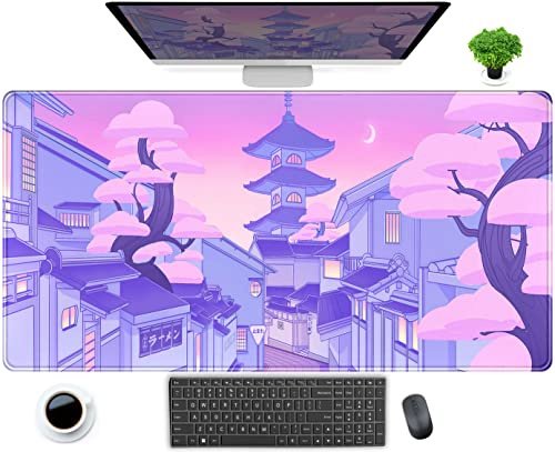 Ästhetische Anime-Schreibtischunterlage, Mauspad, japanische niedliche Stadt, Straße, Kawai, großes XXL-erweitertes Gaming-Schreibtischpad mit genähten Kanten, 80x40 cm, Laptop-Maus und Tastaturmatte