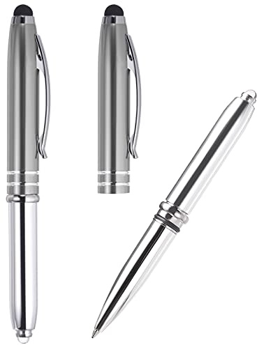 PATIKIL Ballpoint Pen with Stylus Tip and LED Flashlight, 2 Pack 3 in 1 Metal Pen Black Ink 1.0mm Medium Point Stylus Pen for Touch Screens, Gray
