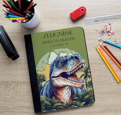 CreaDesign Zeugnismappe A4 mit Namen personalisiert – T-Rex Zeichnung – für Jungen – Dokumentenmappe Schule ohne Klarsichthüllen