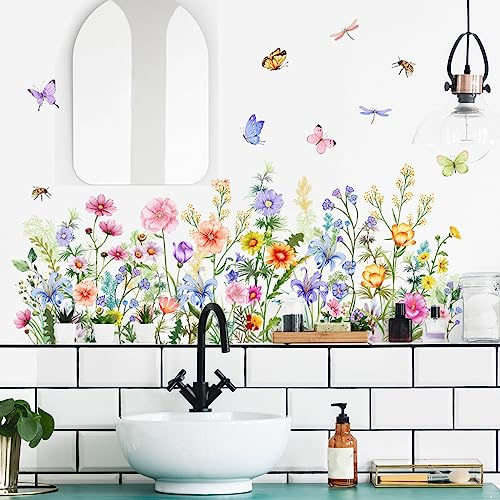 Runtoo Garden Flower Wall Art Decals Floral Baseboard Skirting Line Corner Stickers for Girls Bedroom Living Room Kids Wall Decor