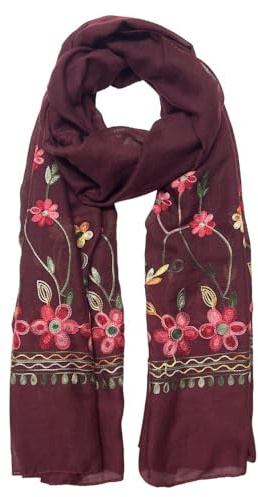 Humble Hilo Embroidered Floral Scarves Elegant Lightweight Colorful Shawl Wrap Scarf for Women (Wine Red Daisy Border)