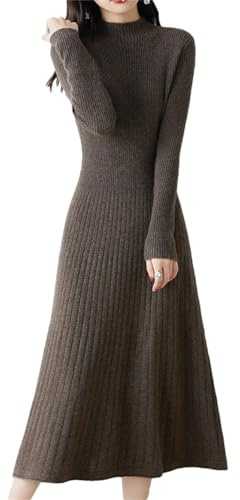 Vsadsau 100% Lana Merino Pura Maglione Lavorato a Maglia Donna Maniche Lunghe, Maglione in Cashmere, Abito a Linea Lunga, Caff, M
