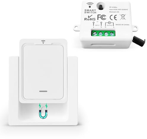 Tedeligo Kit Interruttore Luce Senza Fili, Trasmettitore Radio Mobile Trasmettitore da Parete 230V Portata 100M Interruttore Radio per Lampada Nessun Cablaggio Richiesto, Potenza Fino a 2500W, Bianco