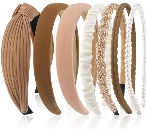 Kotkiddy 7 Stück Haarreifen Set Damen, verschiedene Modelle, Perlen Stirnbänder, Stirnbänd Kunststoff Haarreif Stirnbänder Haarband für Mädchen Damen (Braun)