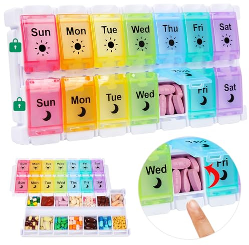 Shintop Am Pm Pill Organizer 7 Day, Push Button Weekly Pill Box 2 Times a Day Easy Fill Pill Holder Day Night Vitamin Case for Medications Fish Oil Supplements (Rainbow)