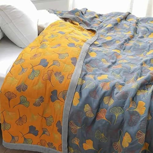 ZJGFCB Reversible Quilt Ginkgo Blätter Bestickt, leichtes Gewicht Musselin -Bettdecke warme und atmungsaktive Sommerdeckel, schöne Sommerdecke Musselin -Baumwolldecke