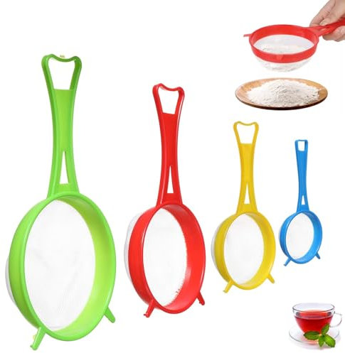 YanBous Set di setacci in plastica di 4 dimensioni diverse (13,5/11,5/8,5/6,5 cm),per la cucina: farina, quinoa, riso,pasta, zucchero a velo e altro ancora.Perfetto per scolare,filtrare e setacciare.