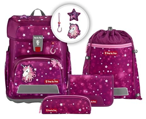 Step by Step Schulranzen-Set Cloud „Sweet Unicorn Nuala“ 5-teilig, Beere-rosa, Einhorn-Design, ergonomischer Tornister mit Reflektoren, höhenverstellbar mit Hüftgurt für Mädchen ab der 1. Klasse, 19L