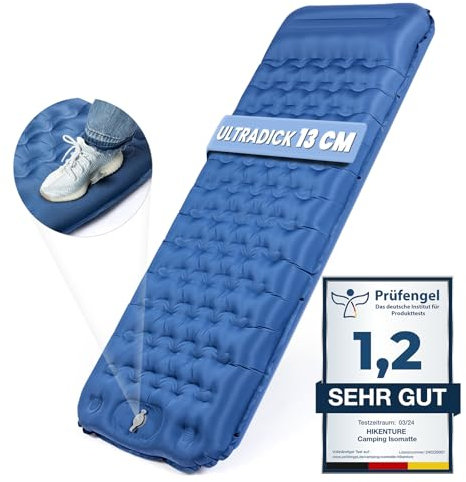 HIKENTURE Camping Isomatte, 13CM Ultradicke Isomatte Camping mit Kissen, Aufblasbare Luftmatratze Kleines Packmaß, Ultraleichte Schlafmatte mit Fußpumpe für Outdoor, Wandern, Zelt - Blau