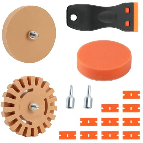 14 Piezas Goma Removedora de Adhesivos Set, Herramientas de Rueda de Borrador con Adaptador, Rueda Quita Adhesivos con Espátula Esponja, Removedor de Calcomanías para AutomóViles Vehículos Recreativos