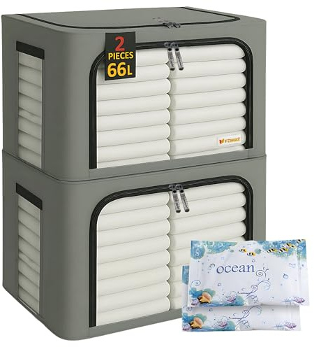 FENIXE_Contenitori Per Armadio Salvaspazio 66L, Grigio - Scatole Portaoggetti Confezione da 2 - Organizer Armadio Con Finestre Trasparenti Impilabile, Pieghevole, Resistenti all’Acqua 2x66L Grigio
