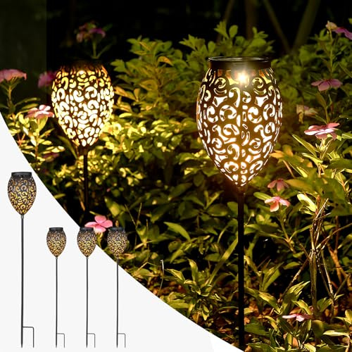 Görvitor Lot de 4 lampes solaires pour extérieur et jardin - En métal - Étanche IP65 - Éclairage oriental - Blanc chaud - Avec piquet - Décoration de jardin pour terrasse, balcon, chemin, pelouse