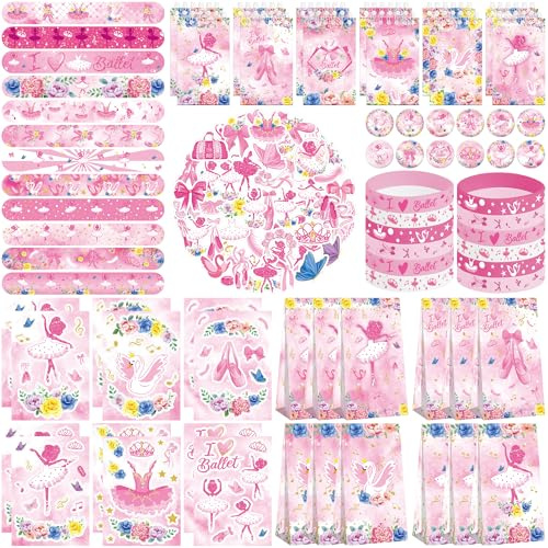Ballet Party Favors, 12 Goodie Bags, 12 Mini Notepads, 12 Rubber Bracelets, 50 Stickers, 12 Assemble Stickers, 12 Button Badges, 12 Slap Bracelets for Girls Dance Ballerina Party Supplies, 122PCS