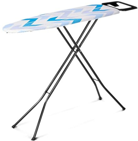 TIENDA EURASIA – Tabla de Planchar Zig Zag | Material Metal Negro, Algodón y Poliéster Azul y Blanco | Plegable | Diseño Geométrico | Medidas Abierto: 117x33x88 cm + Tabla: 97x30x4 cm