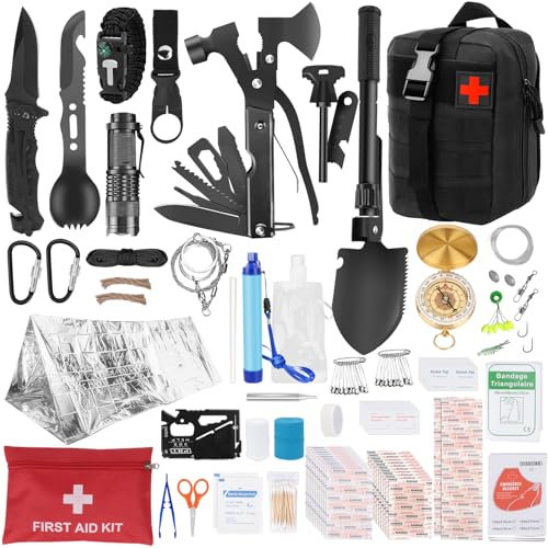 HIMOMO Kit de Supervivencia 103 en 1, Equipo de Supervivencia Kit de Emergencia para al Aire, Supervivencia de Bolsa de Herramientas para Que Viajan Hacen Montañismo Acampa, Hombres Regalo Ideal