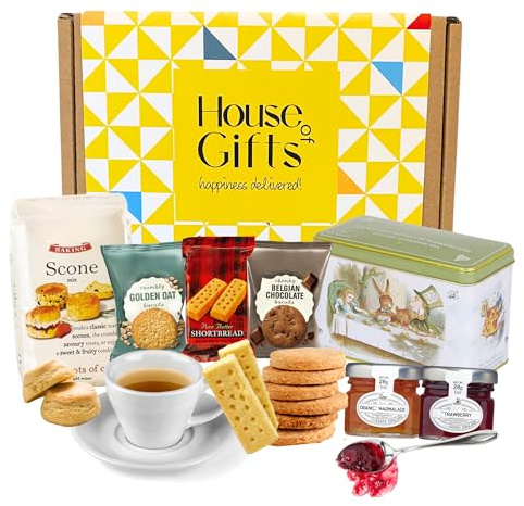 Afternoon Tea Hamper Gift Set for 2 | With Scones Mix, 40 Tea Bags, Jam, Shortbread, Traditional Biscuits | Alice in Wonderland Inspired Theme | Ideal Food Hamper Gift for Mum, Dad & Family