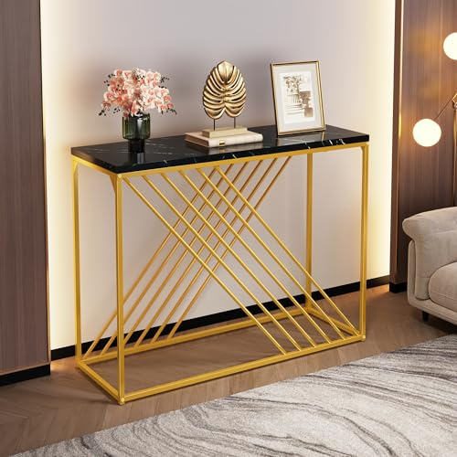 Merax Konsolentisch, Stilvoll Flurtisch mit X-förmigen Stützbeinen, Kleiner Ausstellungstisch, schmaler Sofatisch Beistelltisch für Wohnzimmer, Eingang, Flur, Ankleidekommode, 100cm, Schwarz & Gold