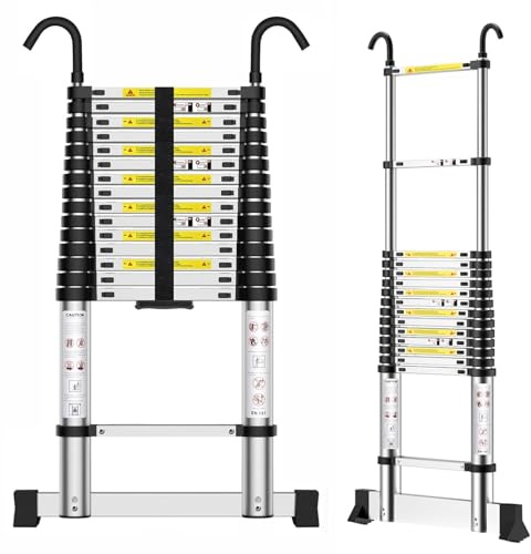 MSHGSKU Échelle télescopique en Aluminium de 20 Pieds avec Crochets, Hauteur réglable pour l'accès à la Maison et au Grenier, Conception Extensible Portable, sûre et Pratique pour Tous Vos