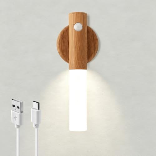 Luminaire Applique Murale Bois avec Détecteur Mouvement, Rechargeable USB | Portable Veilleuses Sans Fil, Lumière Blanc Chaud, Fixation Magnétique pour Escalier Chambre Couloir Chevet