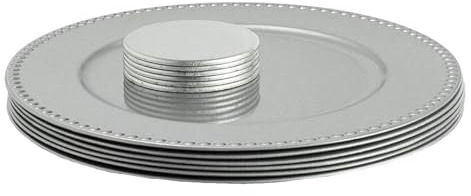 Argon Tableware Assiettes de Présentation Rondes avec Sous-verres - 33cm - Perle d'Argent - 12pc Réutilisable Dur Plastique Mise en Place de la Table du Dîner Mariage Fête Décor Décoratif Service
