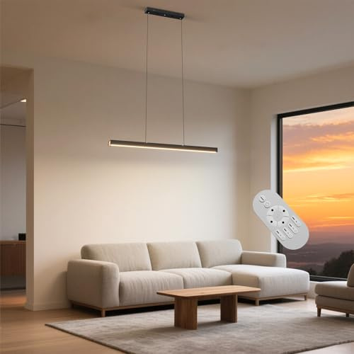 Aufun LED Pendelleuchte 36W Moderne Hängelampe Höhenverstellbar, 100 cm Dimmbar Kücheninsel Leuchten mit Fernbedienung Acryl-Material Hängeleuchte Esszimmerlampe Linear Pendellampe Kronleuchter