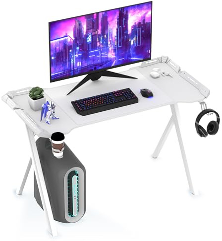 XMTECH Gamingbord, vitt med RGB LED och kol-bordsskiva, 120 cm PC-skrivbord, datorbord, Y-formade ben, ergonomisk, mugghållare, hörlurskrok, för gaming, hemmakontor och streaming