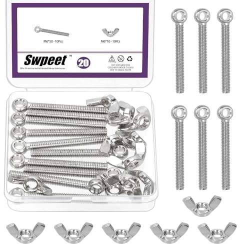 Swpeet 20pcs M6 x 50mm 304 Edelstahl Maschinen Schulter Schwingel Heben Auge Schraube und M6 Flügelmuttern Sortiment Kit, metrischer Gewinde Fisheye Rigging Schraube, Schmetterlingsmuttern Hex Dome