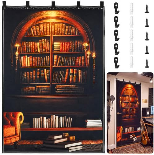 Tegeme 48 x 80 Inch Retro Bookshelf Printed Soundproofing Blanket, Non-woven Fabric, Perforated Design for Windows, Doors, Recording Studios, Sound Dampening & Blackout Curtain