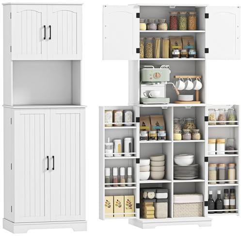 HOMCOM Credenza Cucina Alta 181.5cm, Mobile Cucina con 8 Portaspezie sulla Porta, 4 Ante, Mobile Dispensa Rustico con Ripiani Regolabili, Piano Portamicroonde, per Sala da Pranzo Soggiorno, Bianco
