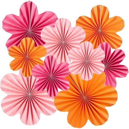 Fesnova 9 Stück Papier Fächer Deko, Pink Orange Papierfächer Deko, Papierblumen zum Aufhängen, Papierblumen, für Geburtstagsdeko Blumen, Gartenparty Tischdeko, Hochzeit