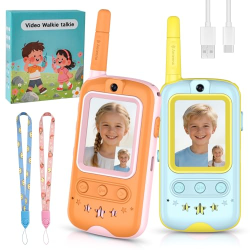 Video Walkie Talkie Niños, Paquete de 2 Walkie Talkie Niños Recargable, Admite Videollamadas y SMS, Juegos Integrados, Cambio de Voz y Fotografía, Regalo para Niños de 3 a 12 Años (Amarillo + Naranja)