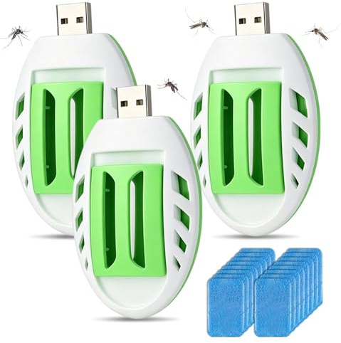 3 Stück Mückenstecker, Tragbarer USB Elektrische Mückenschutz Killer, Insektenvernichter Elektrisch mit 120 Mückenschutztabletten, Steckdosen-Mückenschutz für Wandern Outdoor Sommer Zuhause