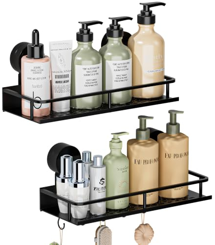 Wisfame Estante Ducha Ventosa,2 Piezas Estantería de Ducha sin Taladros,Carga Max de 10 kg.Impermeable y Desmontable Estanteria Baño,Organizador Ducha para Champú/Jabonera y Gel de Baño(negro)