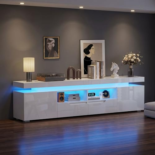 High Gloss 2M TV Cabinet with 16 LED Lights – Modern TV Stand Unit up to 55–75 Inch TVs, Handleless TV Stand Cabinet w/2 Storage Drawers & Cupboards for Living Room, Entertainment Unit (200cm New)