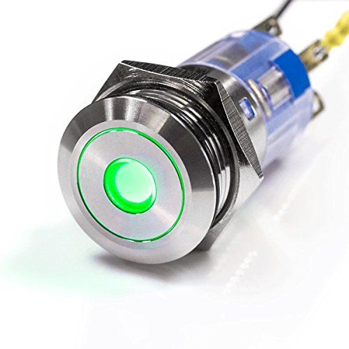 Metzler® LED-Druckschalter mit flacher Tastfläche und Punktbeleuchtung grün IP67 aus Edelstahl 16mm wasser- und staubdicht für Auto Boot Modellbau 12V 24V AC DC vandalismussicher beleuchtet