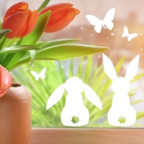 Wandtattoo Loft Fensterbilder Frühling Selbstklebend 3 Hasen mit Schmetterlingen – 23 weiße Sticker & Wiederverwendbar – Deko Frühling, Frühlingsbild Fenster, Fensterdeko, Fensterbild Ostern