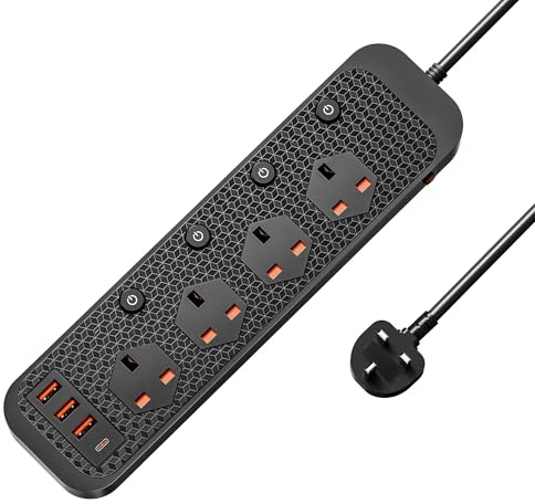 Vonhaus 4 Socket Extension Lead with USB-C & USB-A Ports, 2m Multi-Plug Power Strip with Overload & Surge Protection, Fast Charge Extension Cord with Switches, Childproof, Fireproof & Wall Mountable