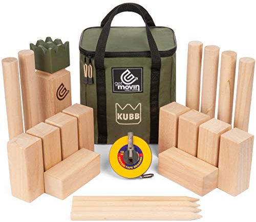 GetMovin' Sports Kubb - Set di scacchi vichinghi in legno di gomma, divertente gioco da cortile all'aperto, gioco da tavolo gigante per spiaggia, prato o feste