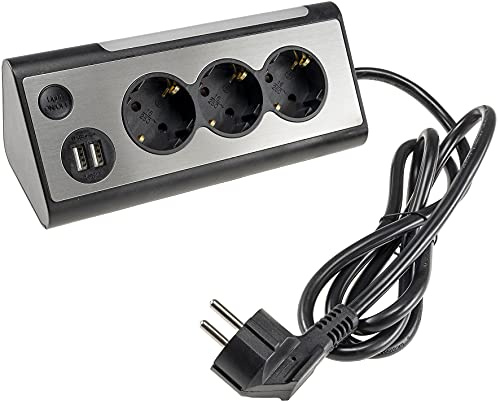 ChiliTec 3-Fach Steckdosenblock K?chensteckdose mit LED Beleuchtung 230V Eck Aufputz-Steckdose f?r Arbeitsplatte Werkstatt Optik Edelstahl Schwarz