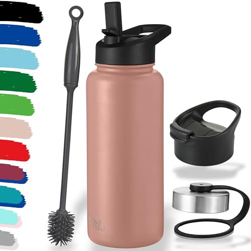 Milu Edelstahl Trinkflasche 500ml 750ml 1000ml (+3 Deckel) Thermosflasche mit Strohhalm, Isolierte Wasserflasche, Auslaufsichere Isolierflasche doppelwandig, Kohlensäure geeignet (Rose Gold, 1000ml)