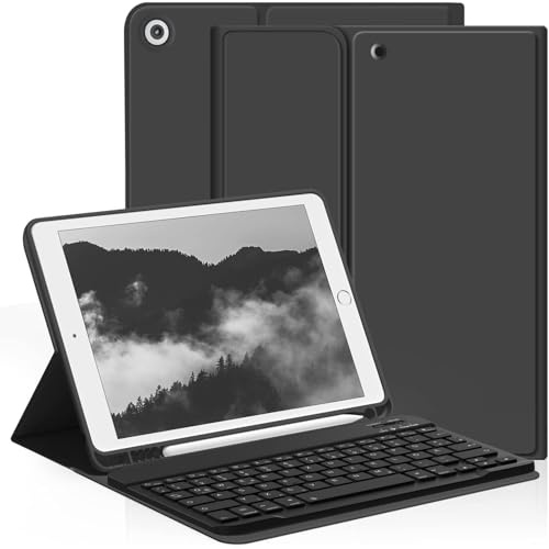 aoub Tastatur Hülle für iPad 9./8./7. Generation 10,2 Zoll 2021/2020/2019 | Kabellose QWERTZ Tastatur Hülle mit Stifthalter für iPad 10,2 9/8/7 Gen, Magnetisch Abnehmbarer Tastatur, Schwarz
