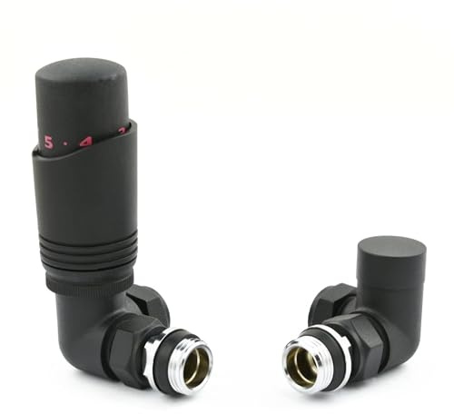 Hot Flow Textured Black Cascade Corner Modern TRV Thermostatic Radiator Valve (Pair) Includes A Corner TRV Body & One Lock Shield. for Quick & Easy Temperature Control. Perfect for Energy Saving.