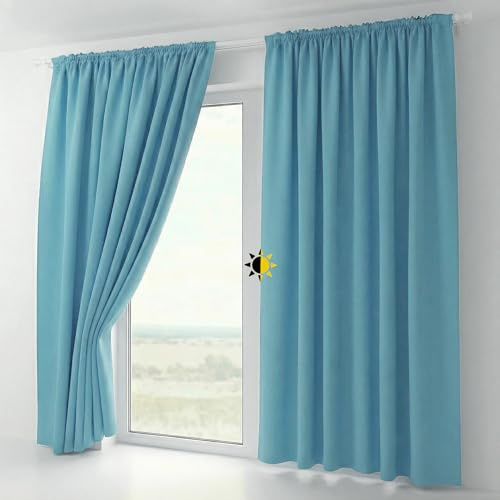 BEAUTEX 2er Set Kräuselband Verdunkelungsvorhang mit U-Band, Gardinen abdunkelnd und Blickdicht (B=140 cm, H=225 cm, Himmelblau)