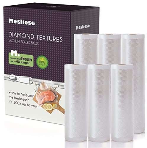 Mesliese Vacuum Sealer Bags 11x16' & 8x16', 6 Packs, BPA-Free | Heavy-duty thick food bags, freezable, for sous vide and storing raw/cooked foods, universal compatibility, 96' total